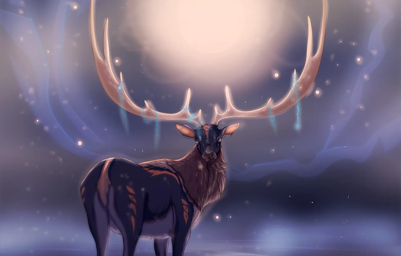 Photo wallpaper lights, deer, art