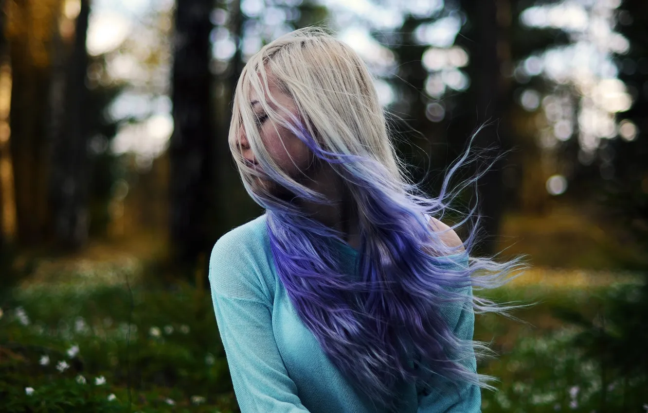 Photo wallpaper forest, flowers, hair, forest, flowers, hair, purple-blonde hair, purple-blonde hair