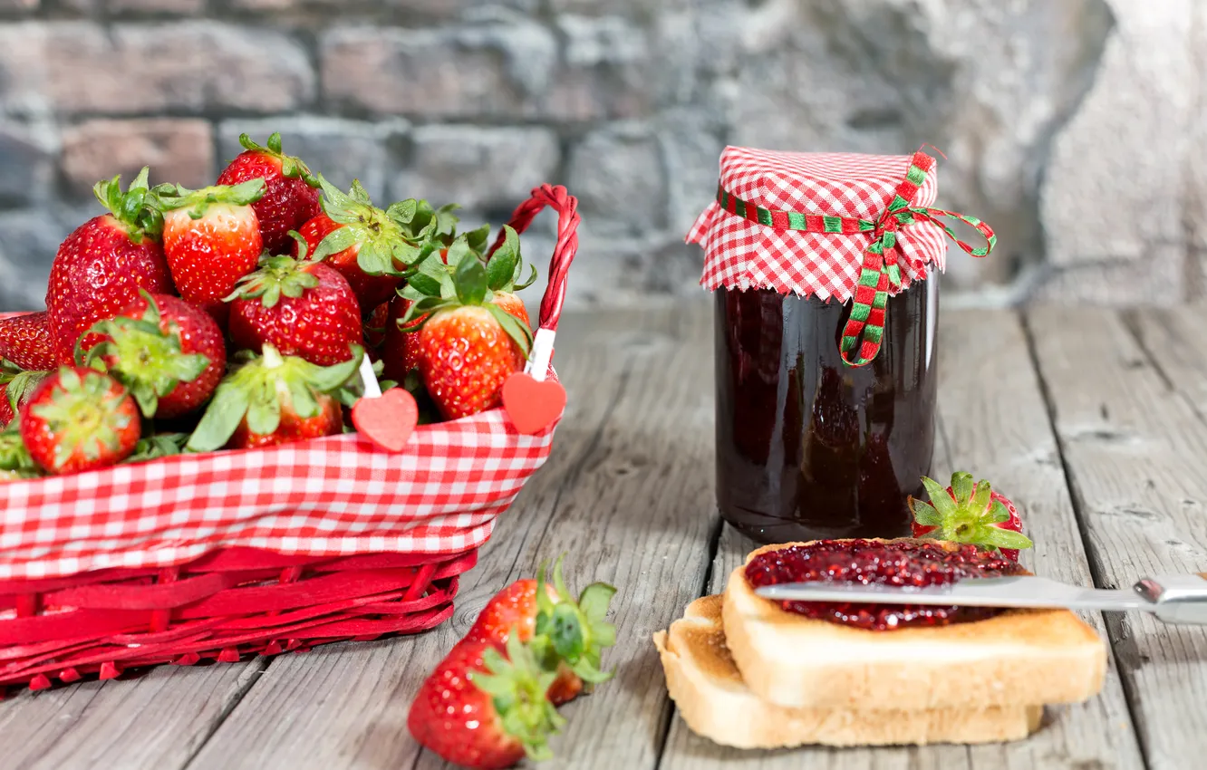 Photo wallpaper photo, food, strawberry, bread, Bank, jam