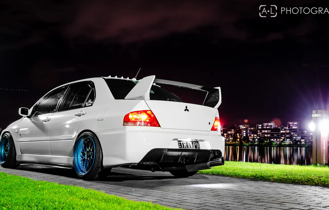 Photo wallpaper white, night, the city, Mitsubishi, Lancer, Evolution, evo, Lancer