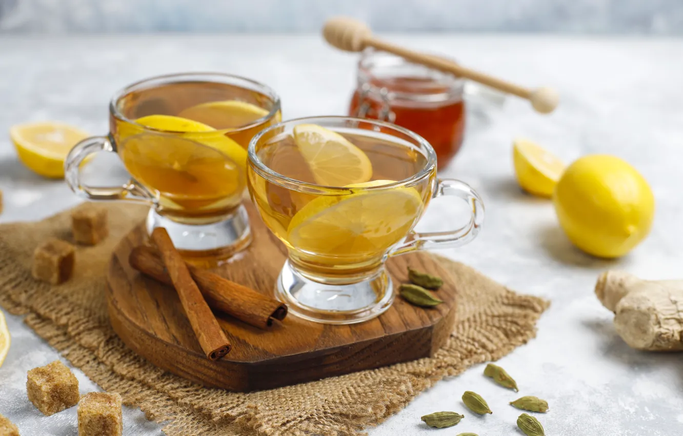 Photo wallpaper lemon, tea, honey, Cup, cinnamon