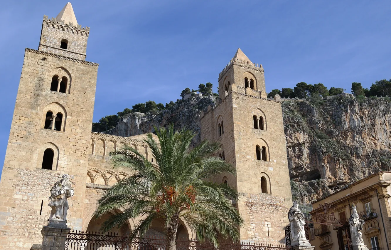 Photo wallpaper mountains, palm trees, Italy, Cathedral, Sicily, Cefalu