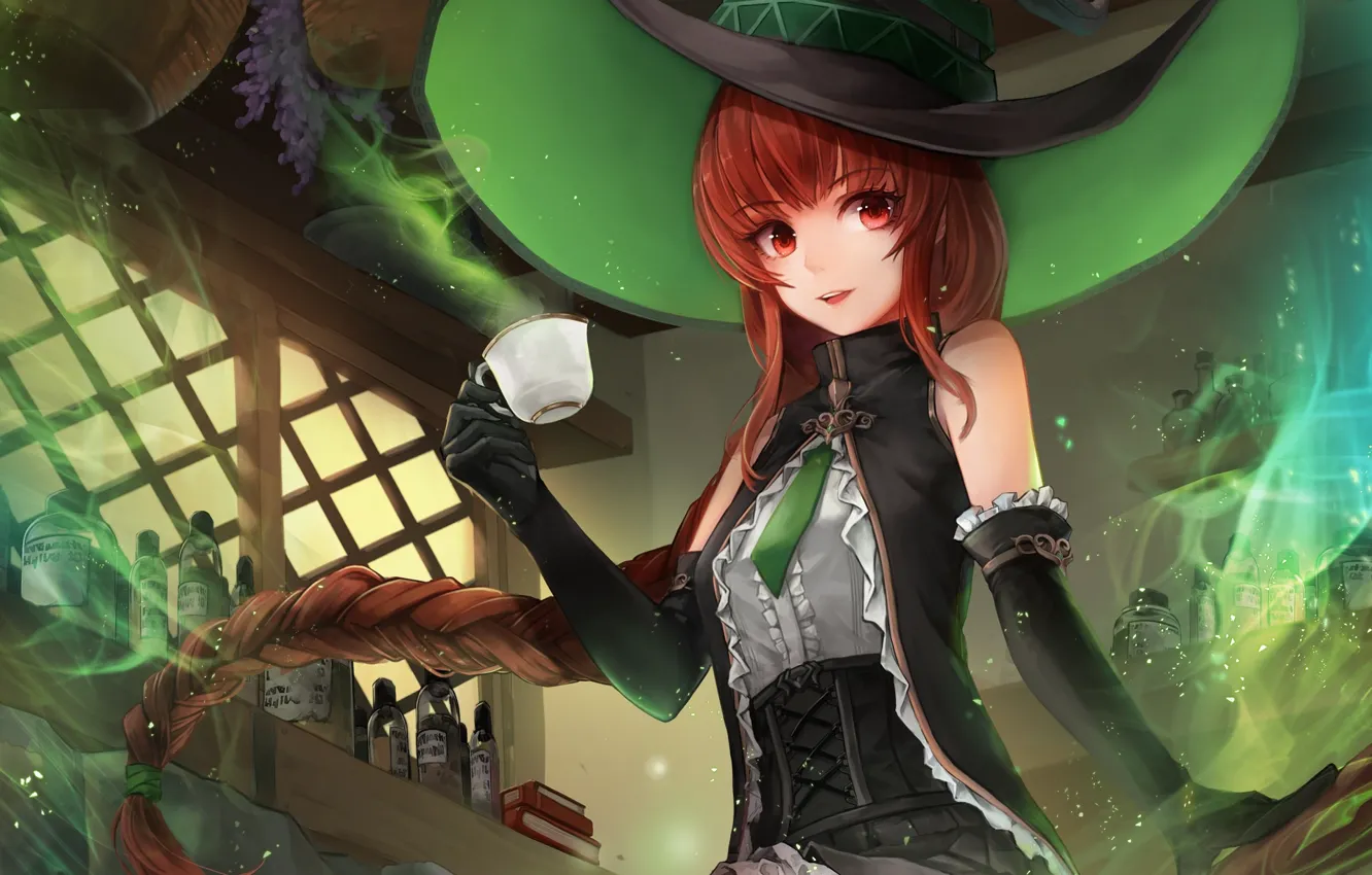 Photo wallpaper girl, hat, pair, Cup, witch