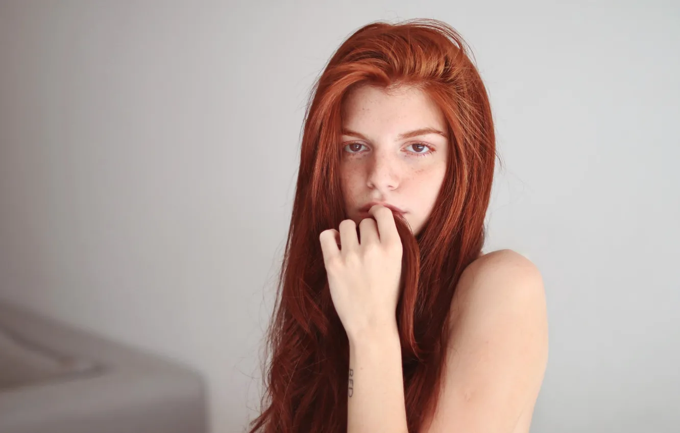Photo wallpaper eyes, girl, hair, tattoo, freckles, red