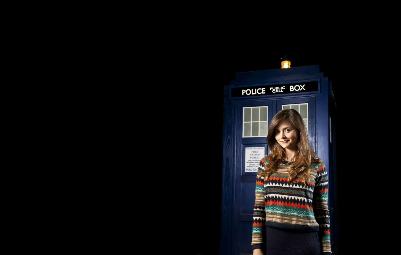 Photo wallpaper girl, smile, booth, black background, Doctor Who, sweater, Doctor Who, Jenna-Louise Coleman