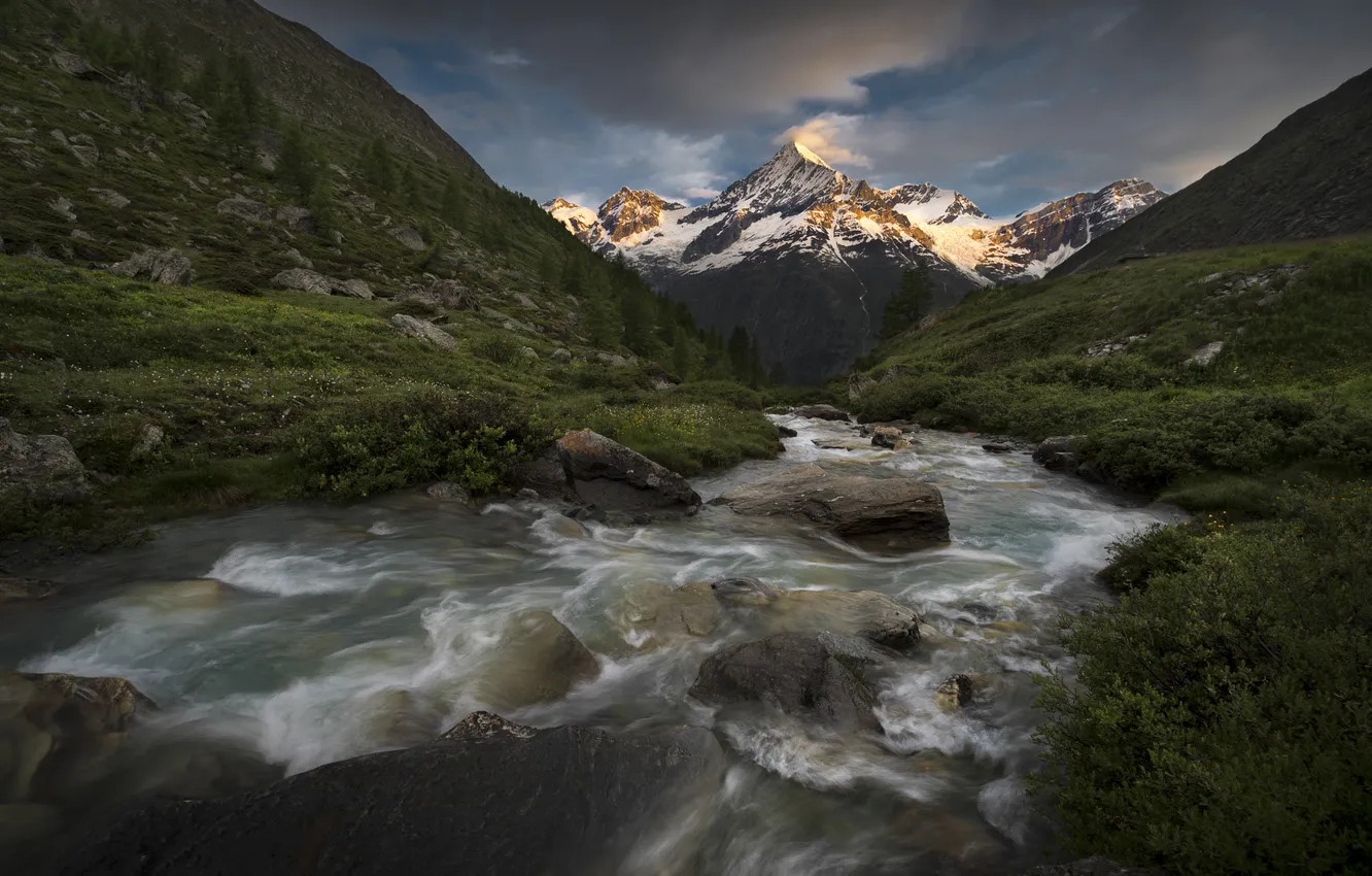 Photo wallpaper mountains, river, stones, shore, for