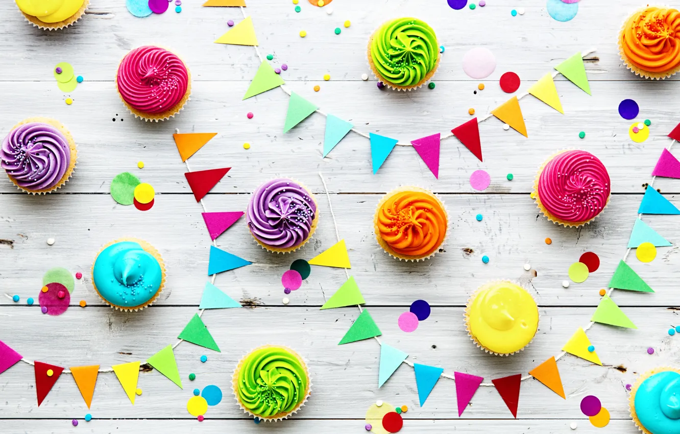 Photo wallpaper candles, colorful, rainbow, cake, cream, Happy Birthday, colours, cupcake
