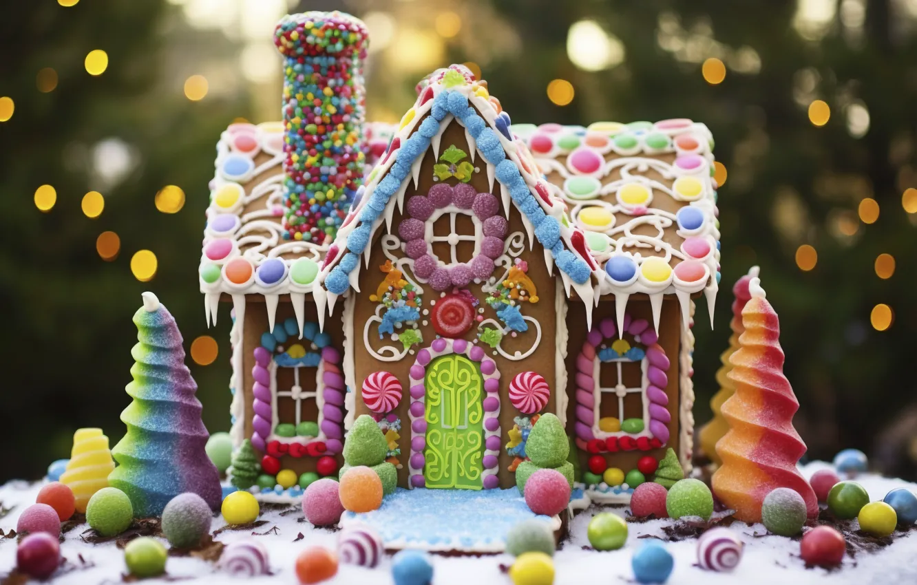 Photo wallpaper roof, snow, new year, lights, icicles, cookies, Christmas, candy