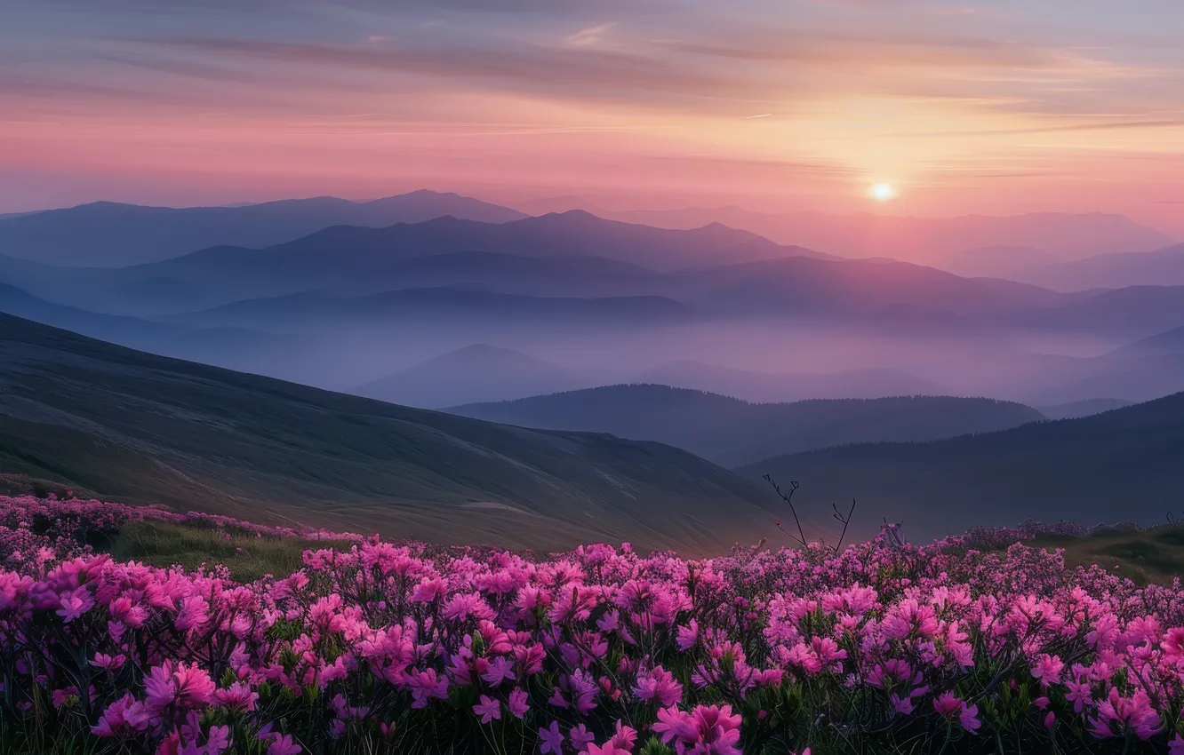 Photo wallpaper the sun, clouds, flowers, mountains, fog, dawn, hills, tops