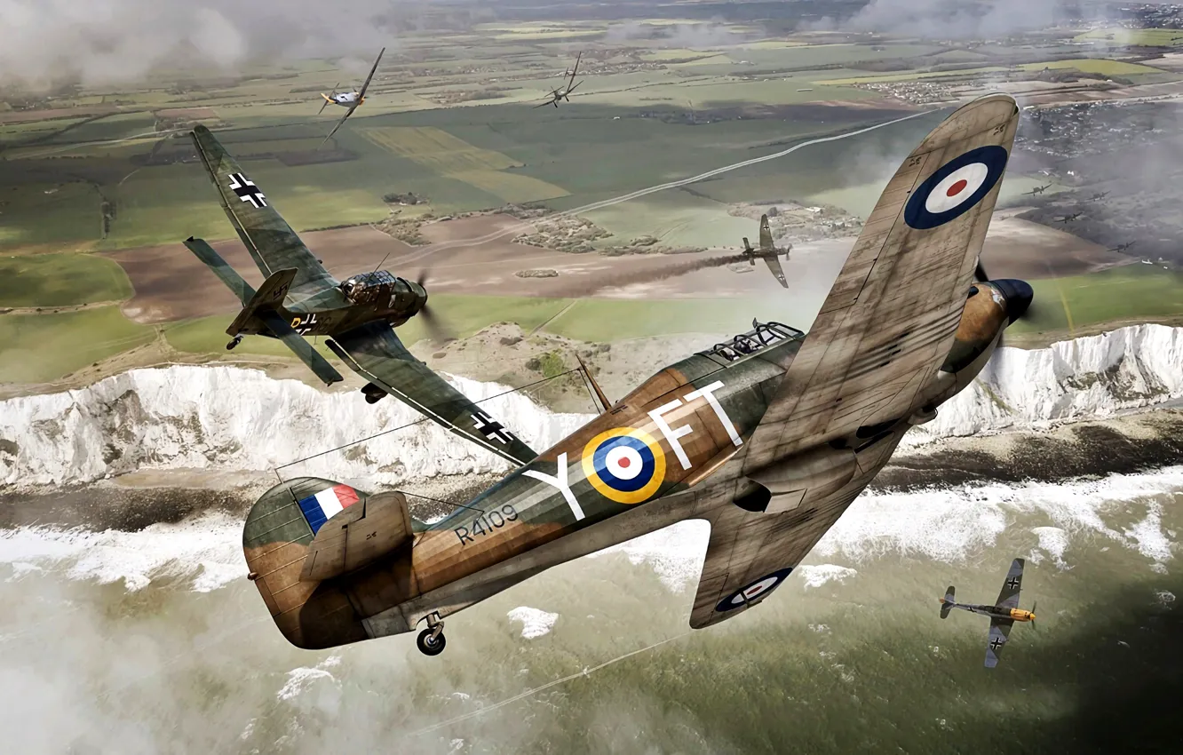 Photo wallpaper Battle of Britain, 1940, Bf.109E, WWII, Hawker Hurricane Mk.I, The white cliffs of Dover, Ju.87B, …