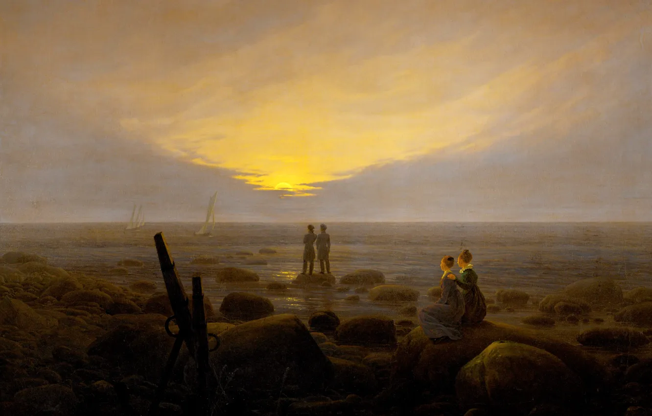 Photo wallpaper landscape, stones, people, picture, Caspar David Friedrich, Moonrise over the Sea