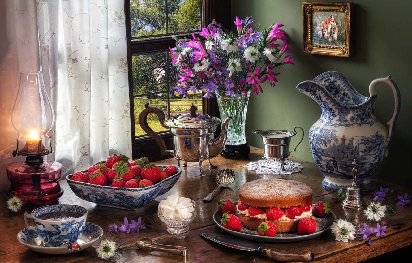 Photo wallpaper flowers, berries, table, tea, lamp, picture, kettle, window