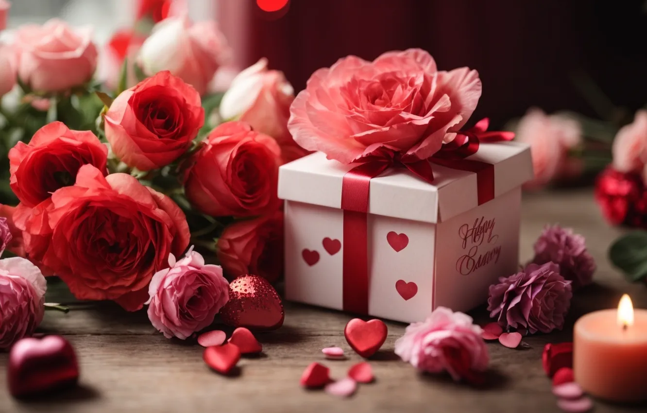 Photo wallpaper love, flowers, gift, romance, heart, roses, love, happy