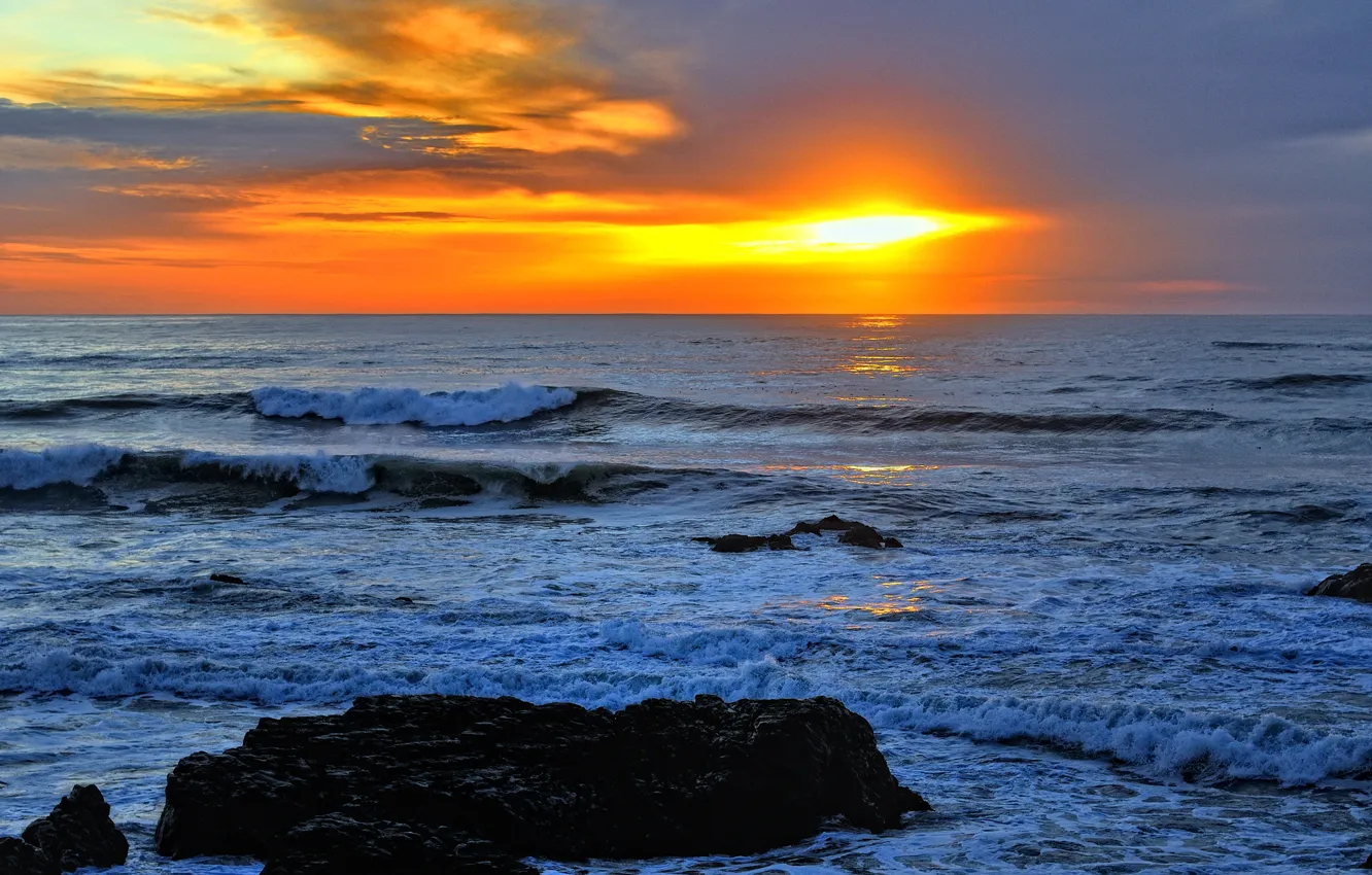Photo wallpaper sea, the sky, clouds, sunset, stones, horizon