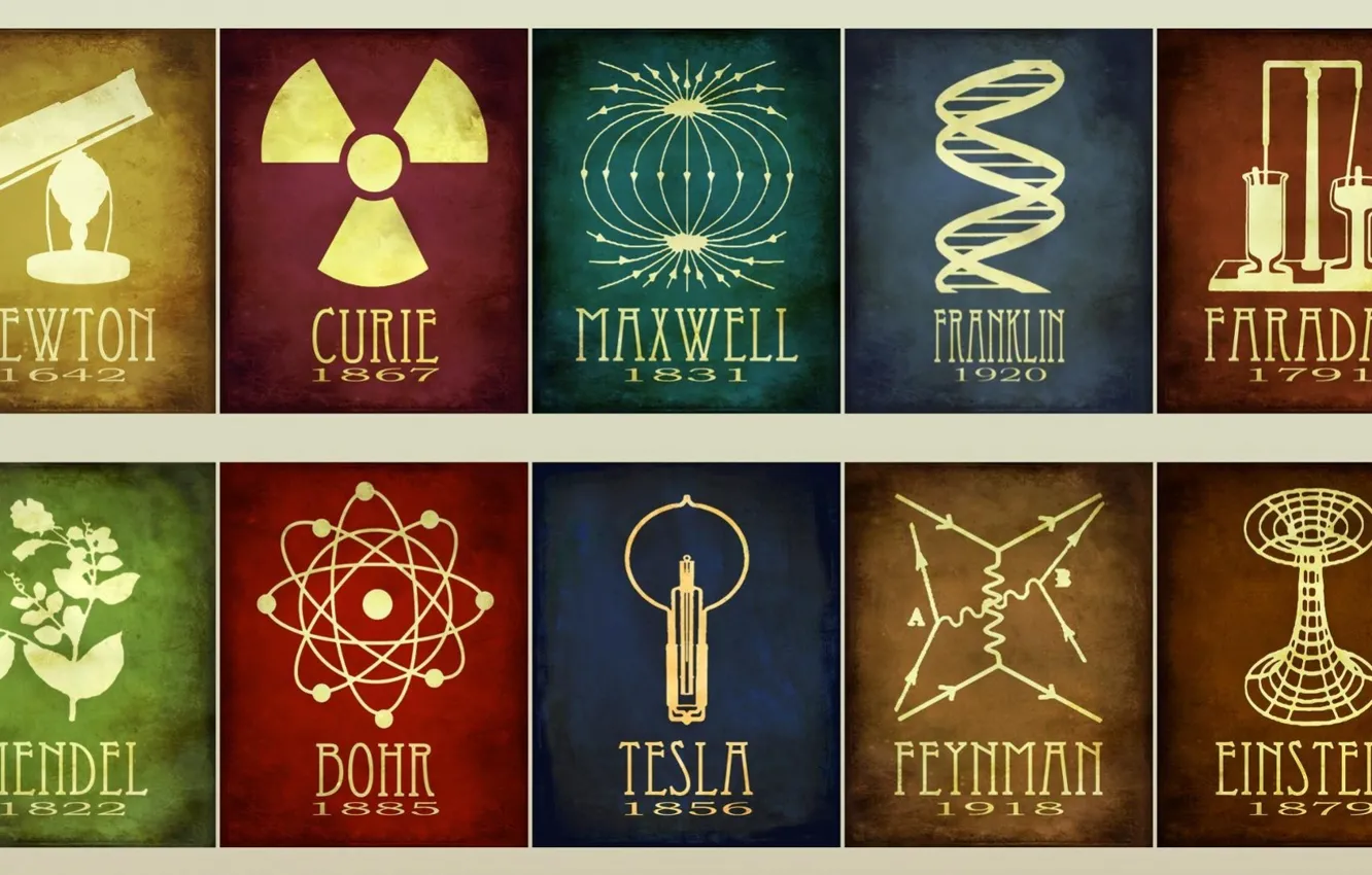 Photo wallpaper Tesla, Einstein, Franklin, Mendel, Faraday, Feynman, Maxwell, Curie