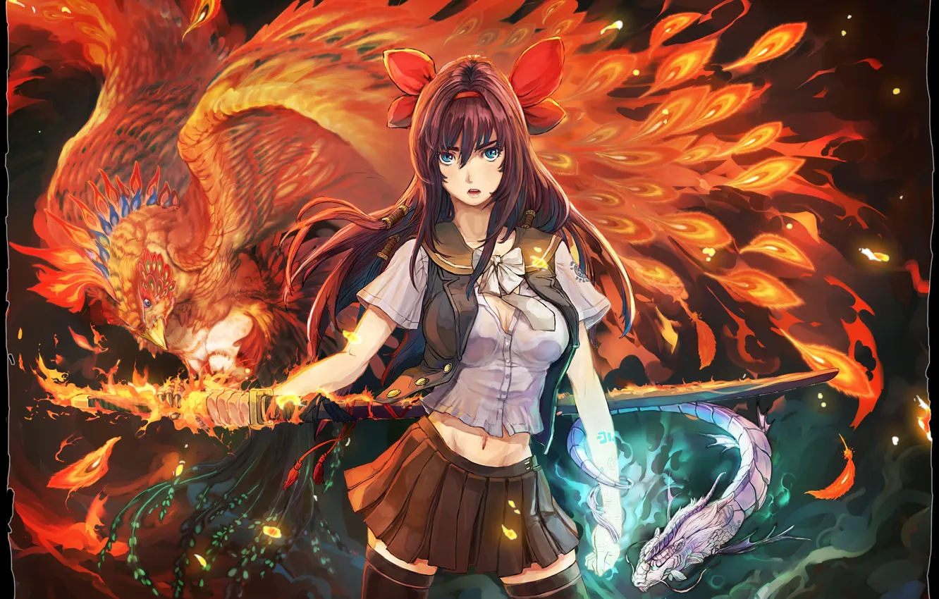 Photo wallpaper girl, dragon, katana, Phoenix, Nimes