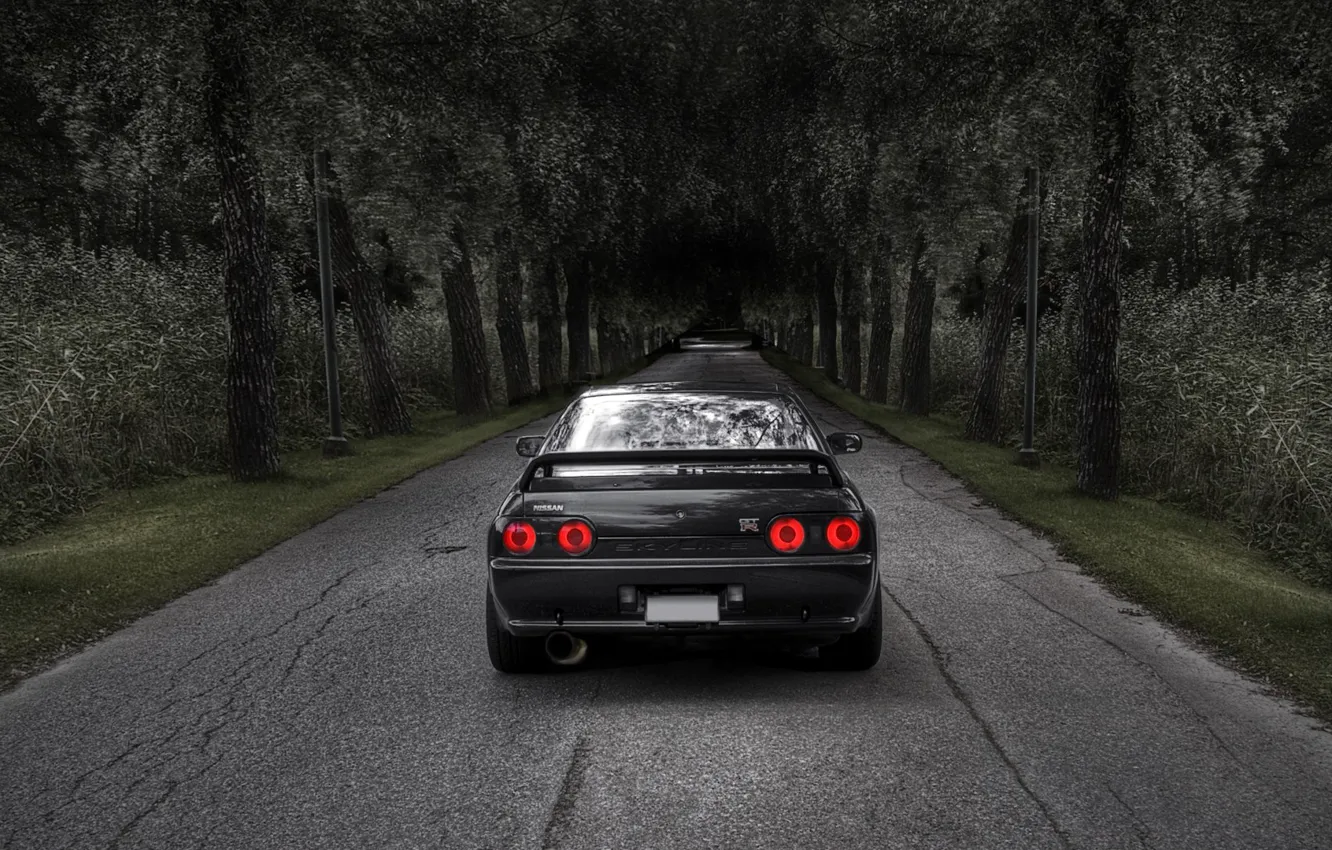 Photo wallpaper road, trees, nissan, skyline, r32