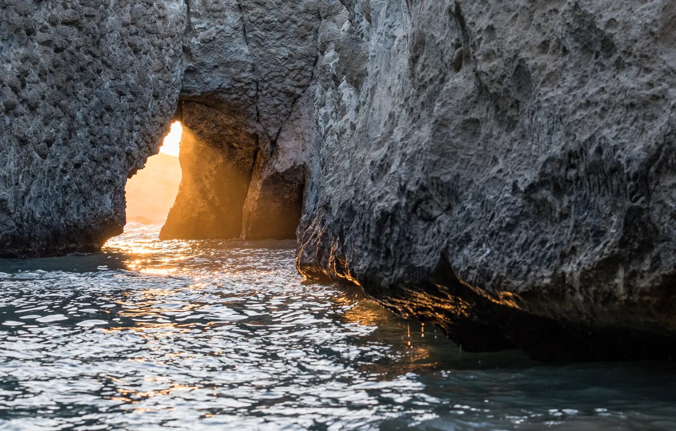 Photo wallpaper sea, the sun, landscape, mountains, nature, rocks, cave, sea