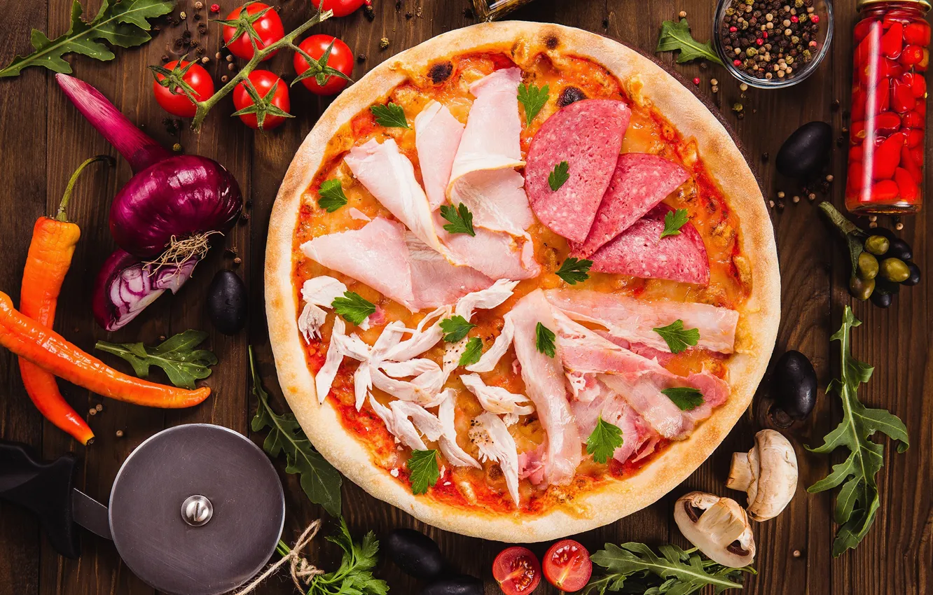 Photo wallpaper olives, tomatoes, sausage, vegetables, ham, pizza
