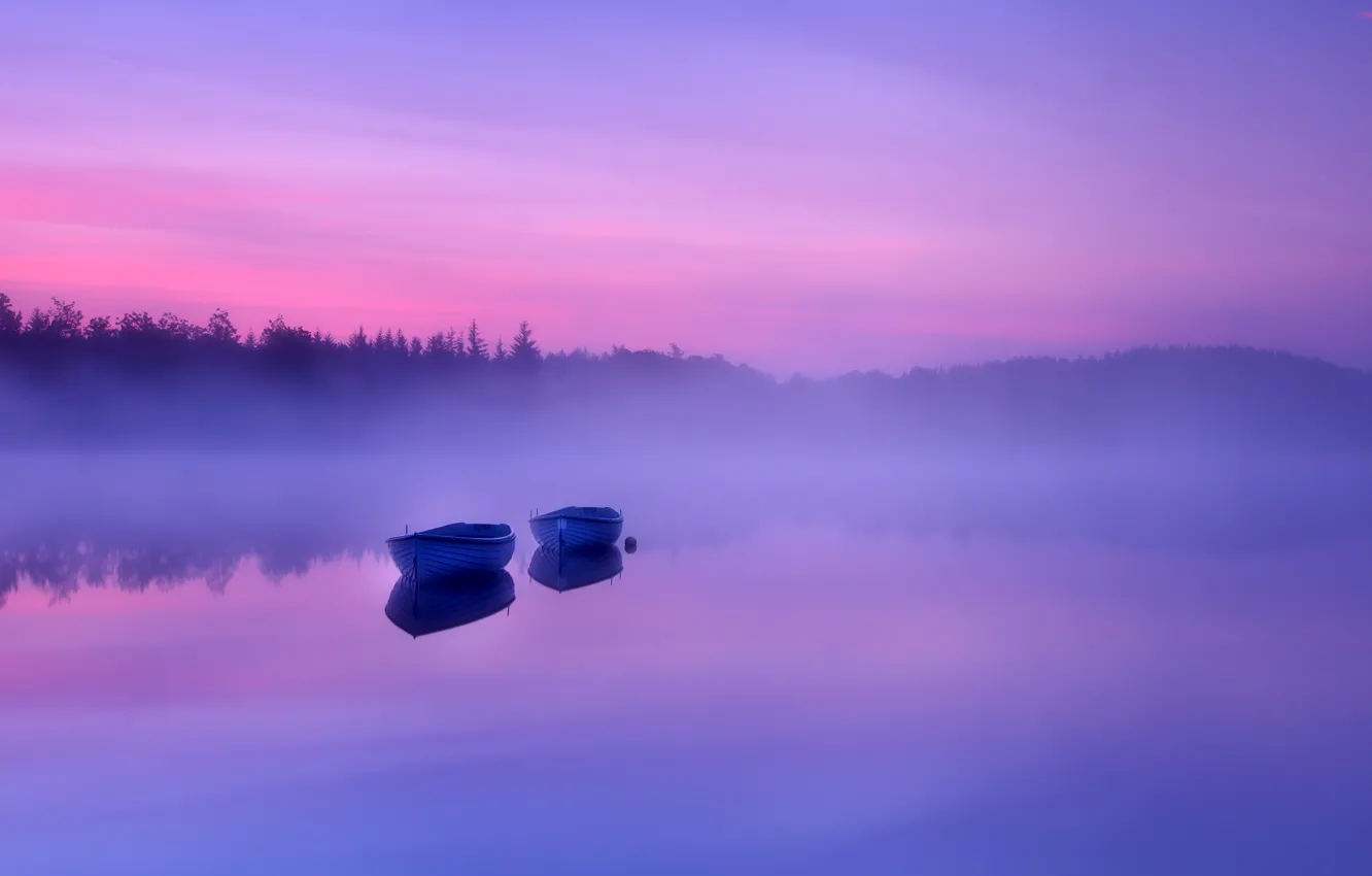 Photo wallpaper fog, river, photo, boats