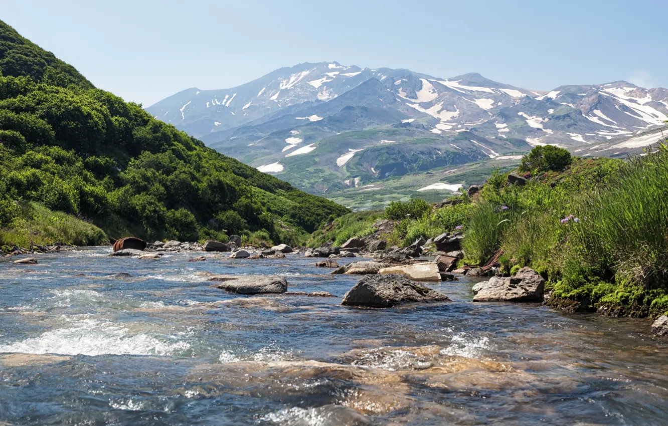 Photo wallpaper mountains, stream, stones, for, Russia, Kamchatka, Kamchatka
