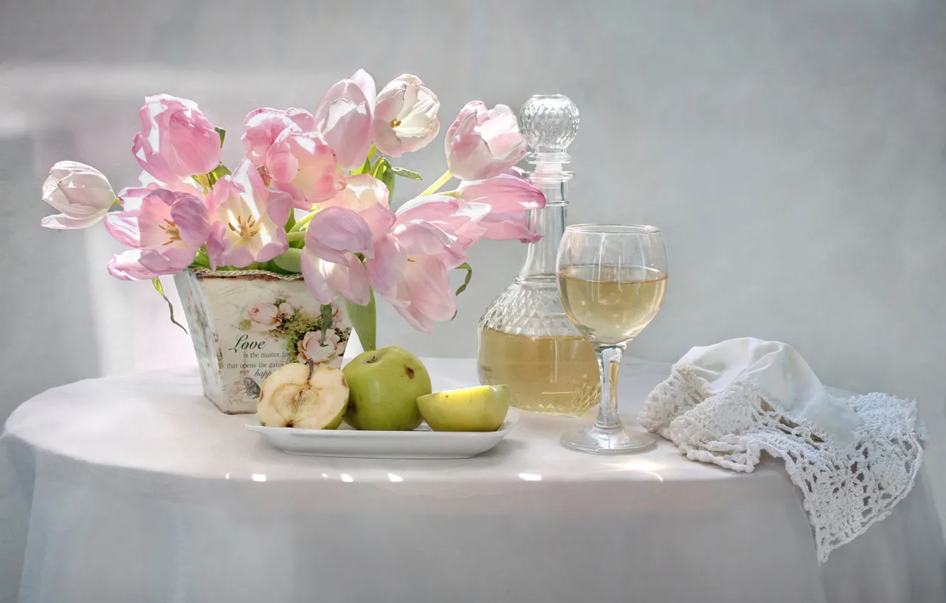 Photo wallpaper apples, glass, tulips, still life, decanter, cider