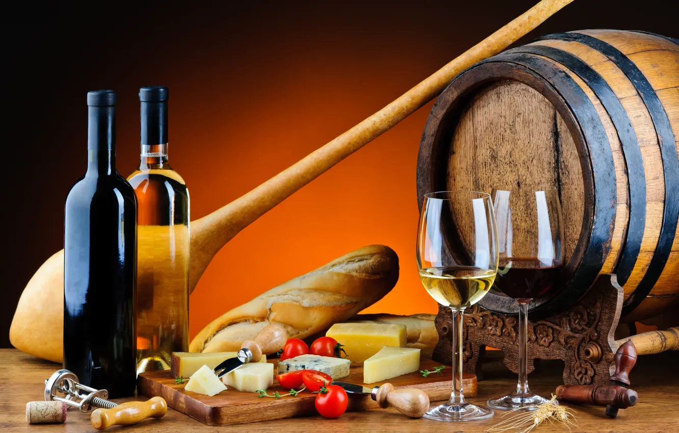 Photo wallpaper wine, red, white, cheese, glasses, bread, bottle, tomatoes