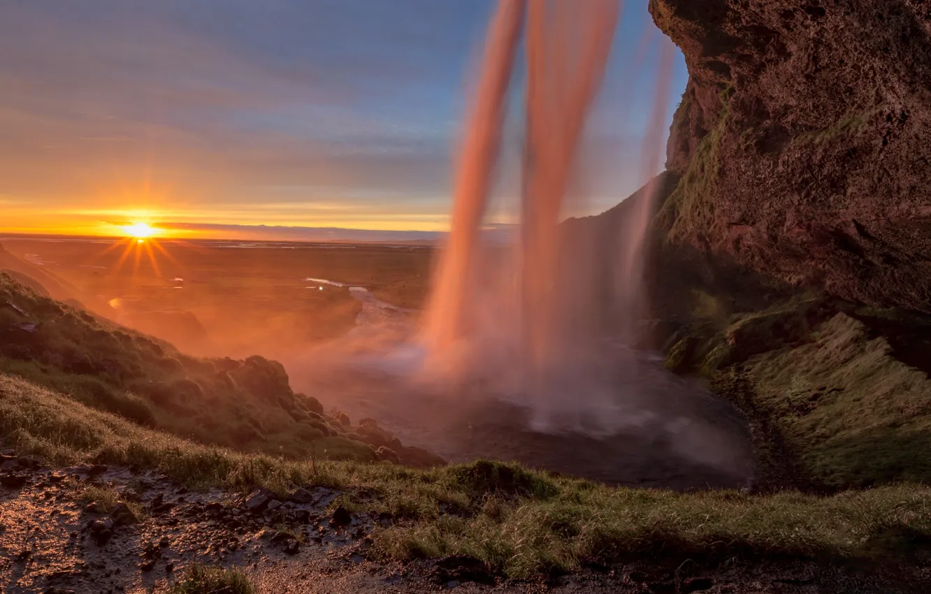 Photo wallpaper sunset, rock, Iceland, seljalandsfoss waterfall