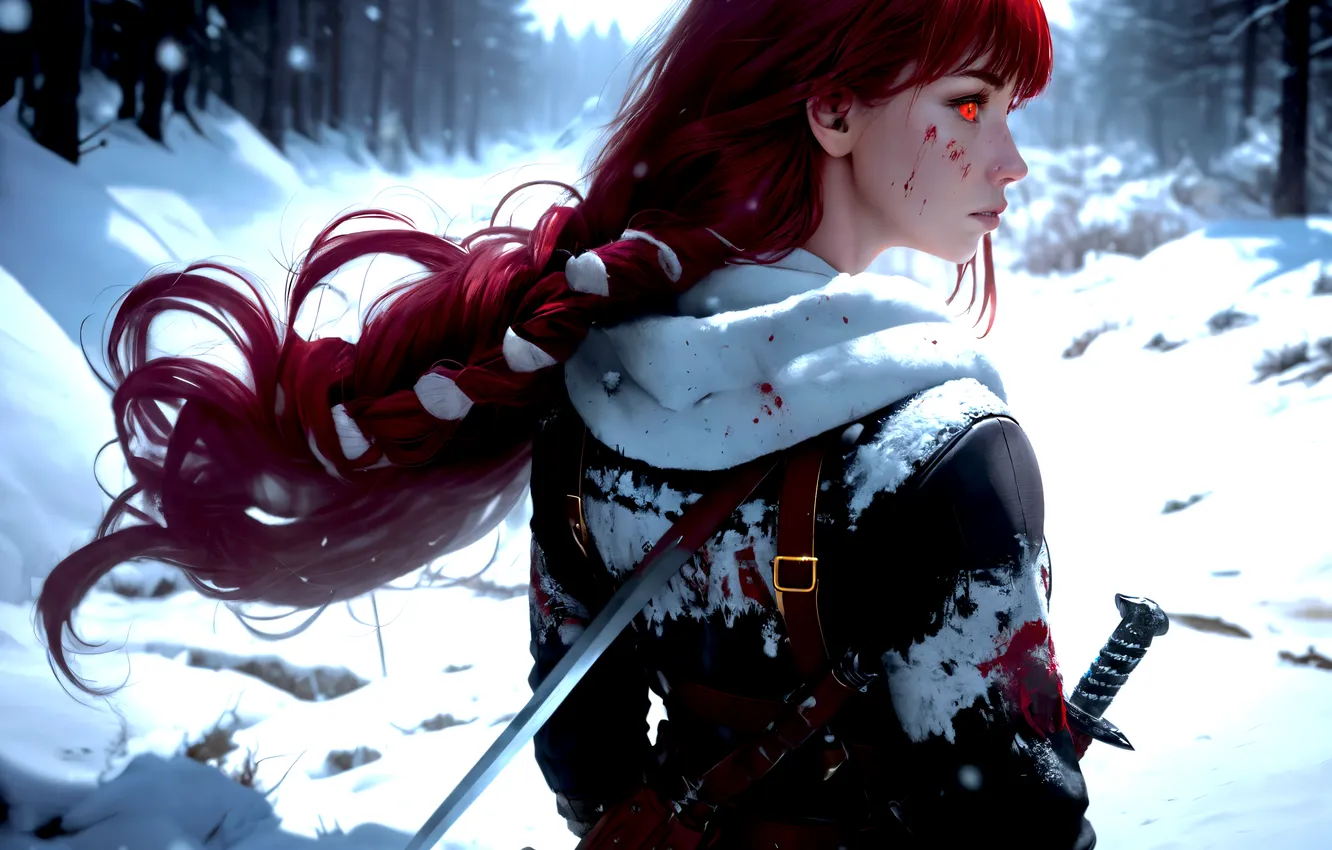 Photo wallpaper girl, sword, blood, fantasy, forest, trees, Warrior, winter