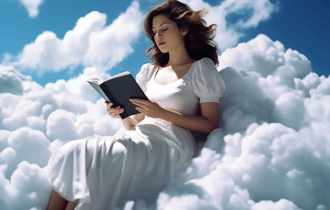 Photo wallpaper sky, long hair, clouds, model, women, digital art, reading, books