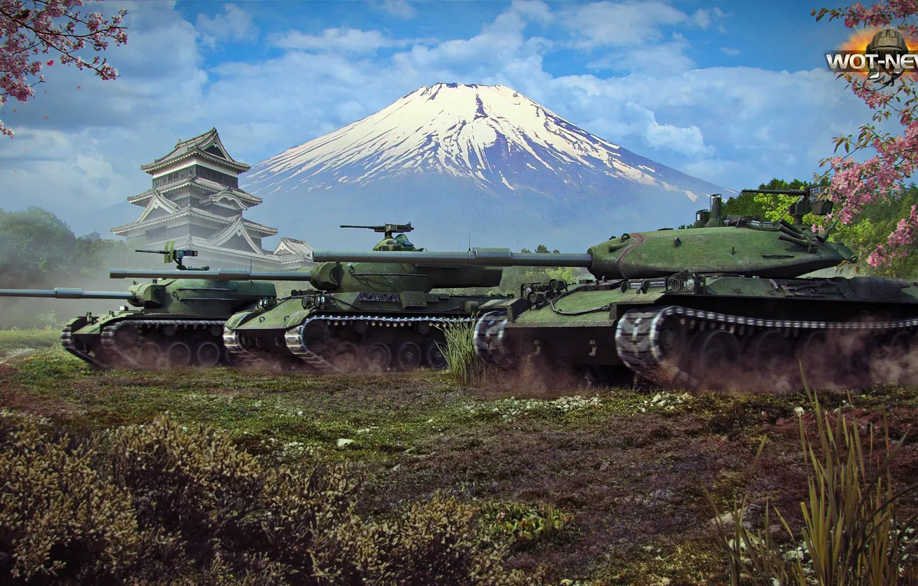 Photo wallpaper nature, mountain, Japan, Sakura, trio, the Japanese, world of tanks, Type 61