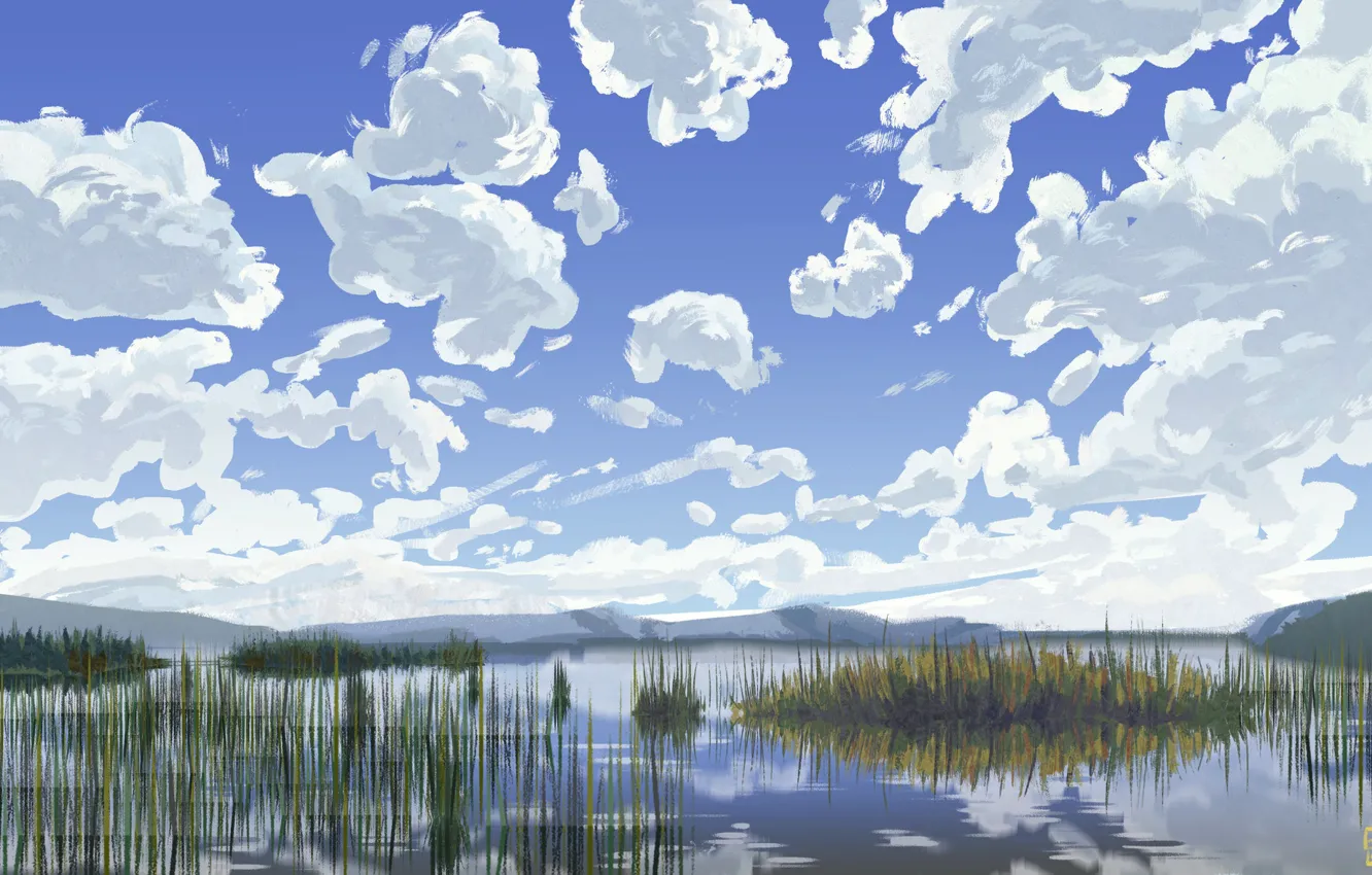 Photo wallpaper Clouds, Figure, Lake, Day, Hills, Swamp, Art, Painting