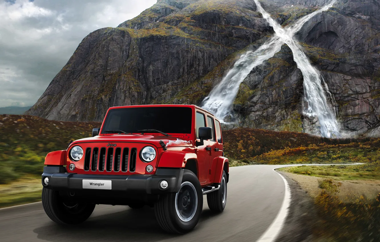 Photo wallpaper road, machine, mountains, waterfall, jeep, car, Jeep, 2015