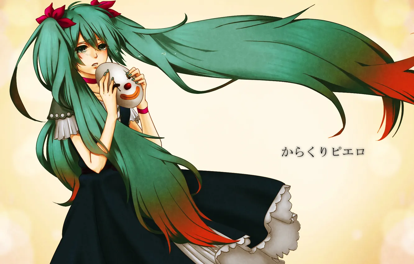 Photo wallpaper girl, the inscription, mask, tears, art, characters, vocaloid, karakuri pierrot