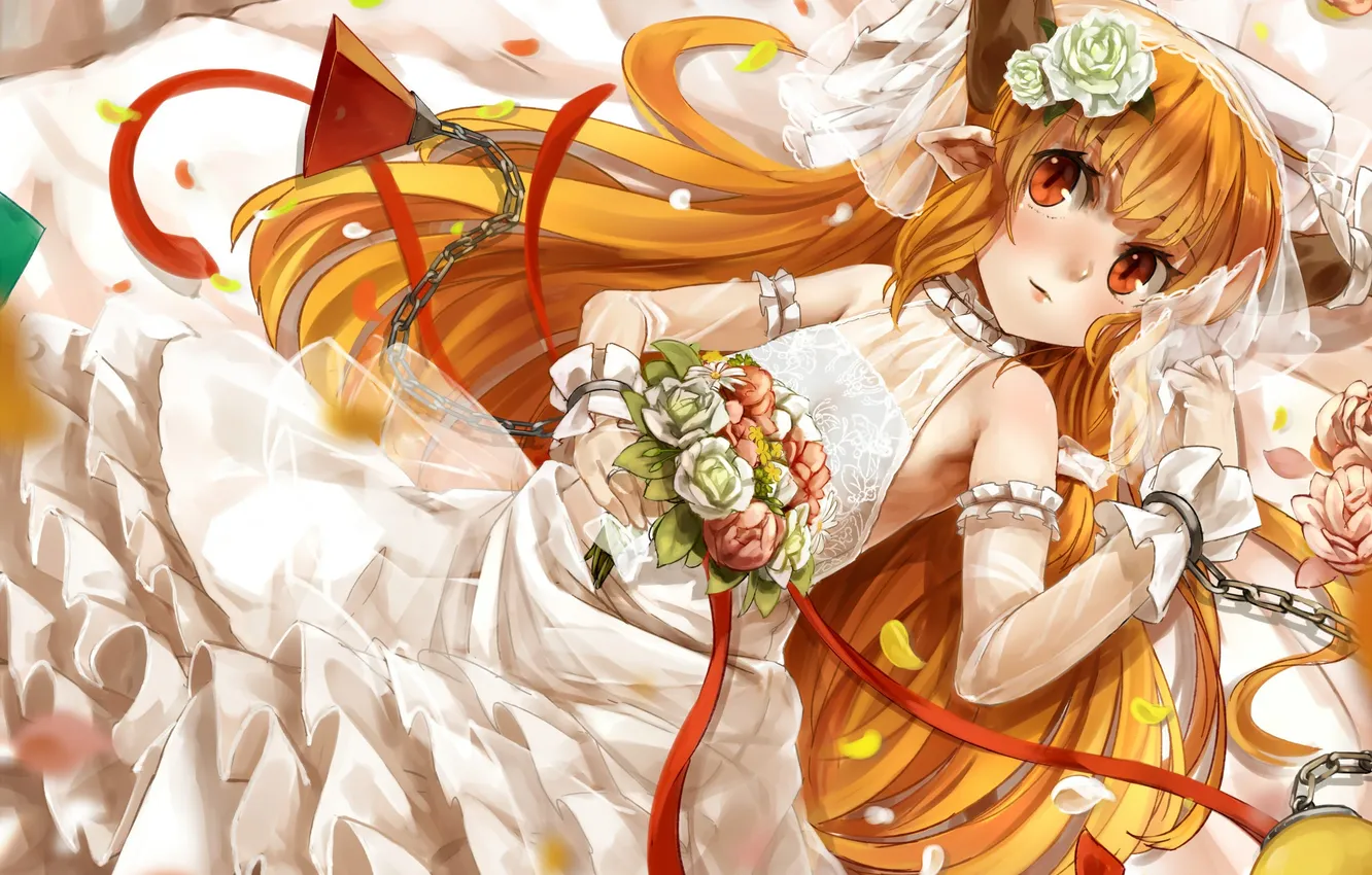 Photo wallpaper girl, bouquet, dress, art, chain, horns, the bride, touhou