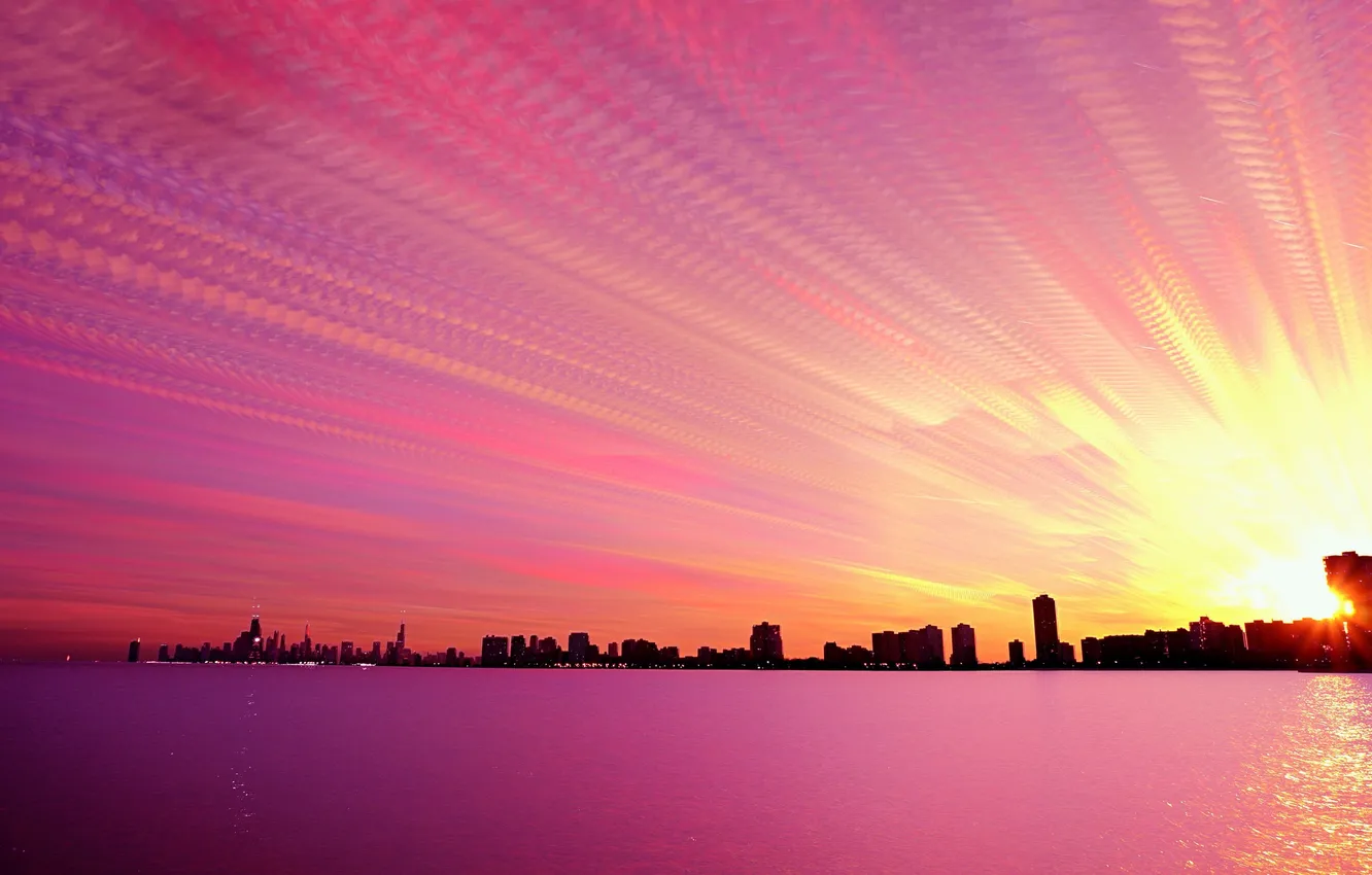 Photo wallpaper sea, the sky, clouds, rays, sunset, the city, lake, home