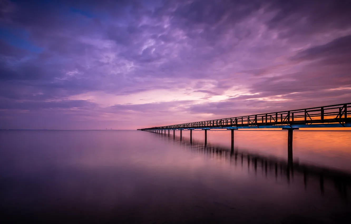 Photo wallpaper sea, landscape, sunset, bridge