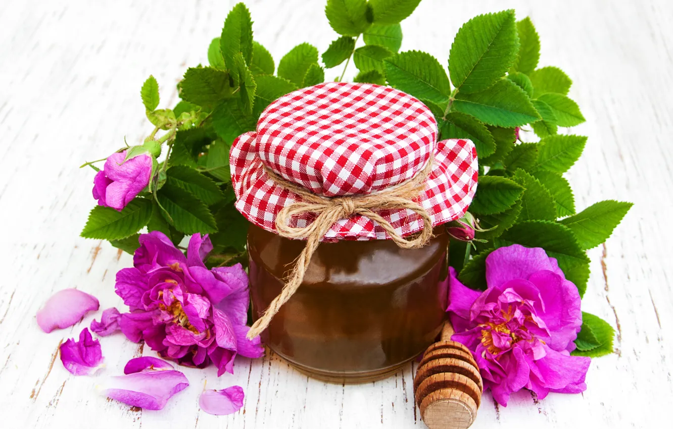 Photo wallpaper flowers, honey, jars, floral, Olena Rudo