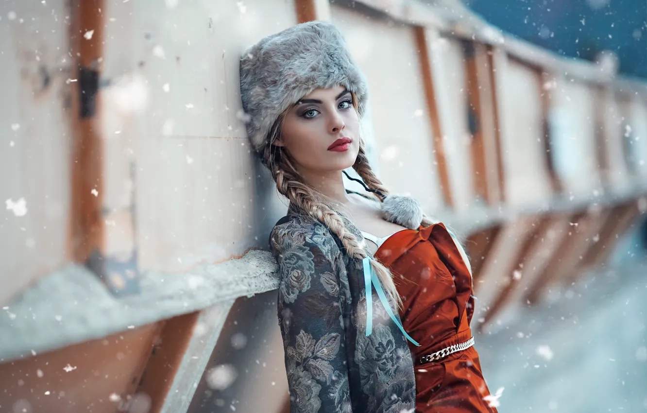 Photo wallpaper snow, hat, makeup, braids, Alessandro Di Cicco, Cold Moscow