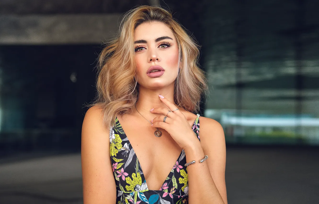 Photo wallpaper look, dress, blonde, eyes, curls, pretty, lips, Paula