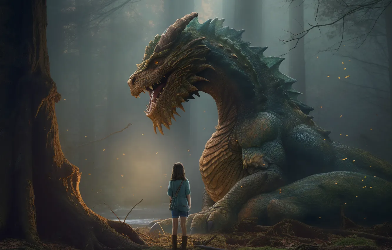 Photo wallpaper forest, girl, trees, dragon, digital art, AI art, The Art of Artificial Intelligence, neural network