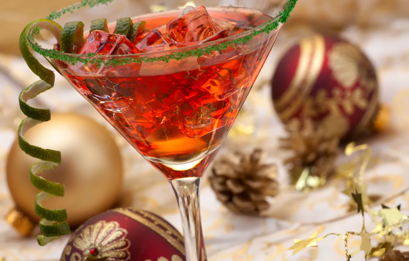 Photo wallpaper ice, decoration, holiday, balls, cocktail, New year, ice, drink