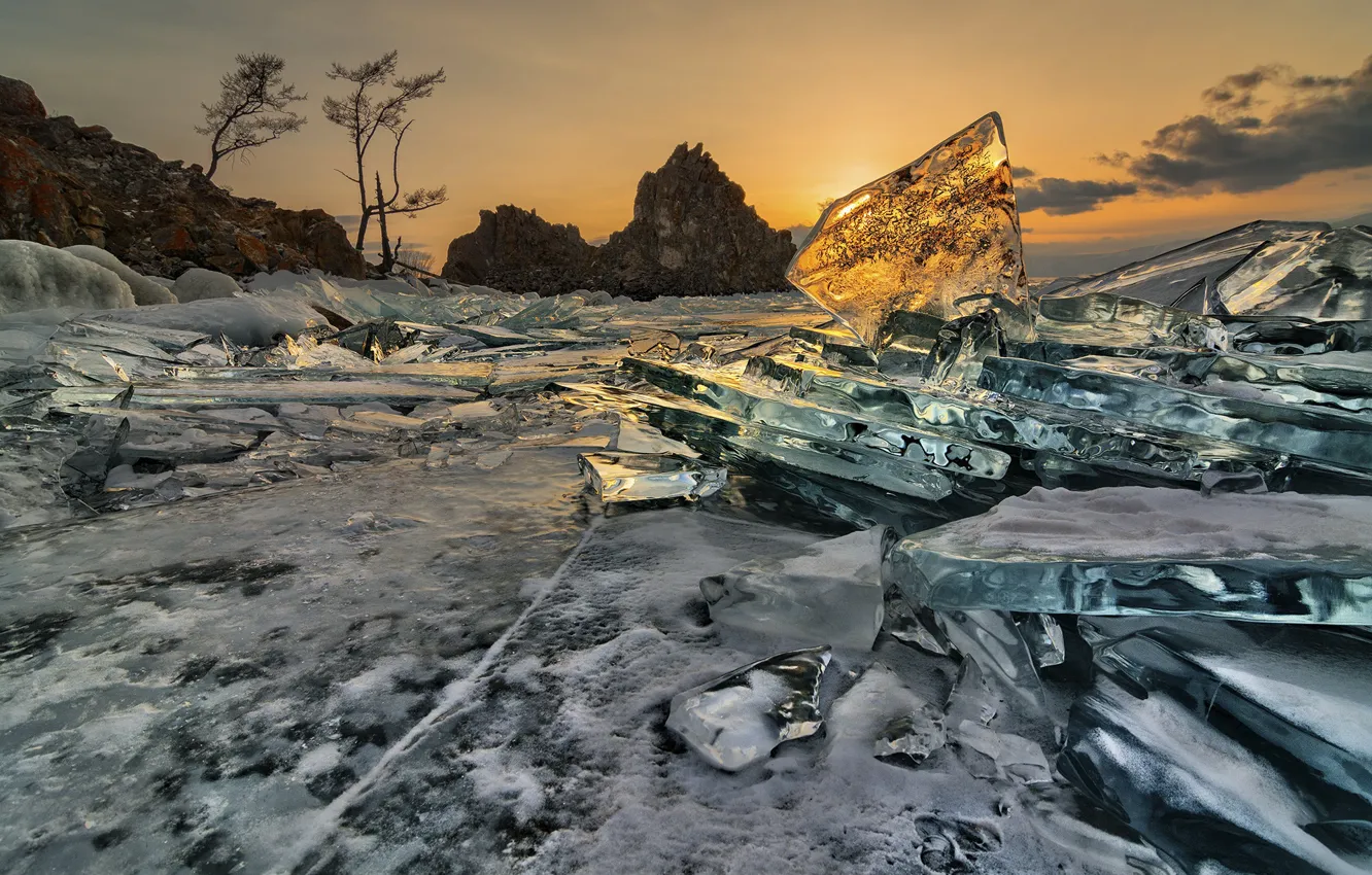 Photo wallpaper ice, the sun, sunset, lake, Baikal, Russia