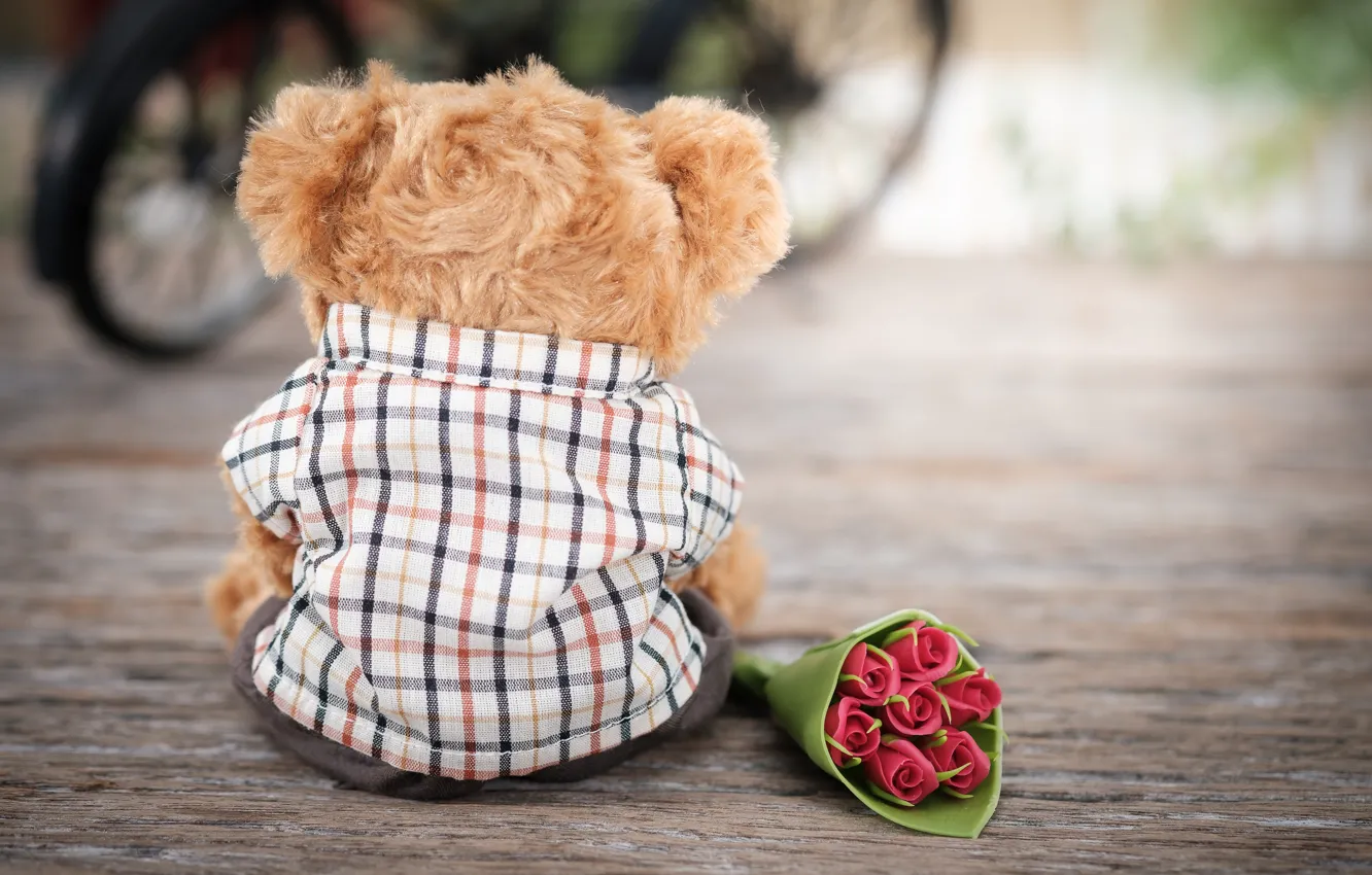 Photo wallpaper love, flowers, toy, roses, bouquet, bear, love, bear