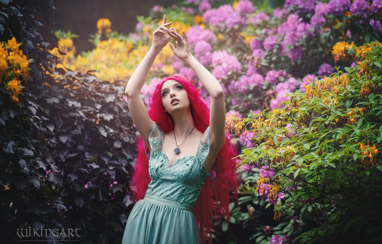 Photo wallpaper summer, girl, flowers, nature, pose, eyelashes, style, hands