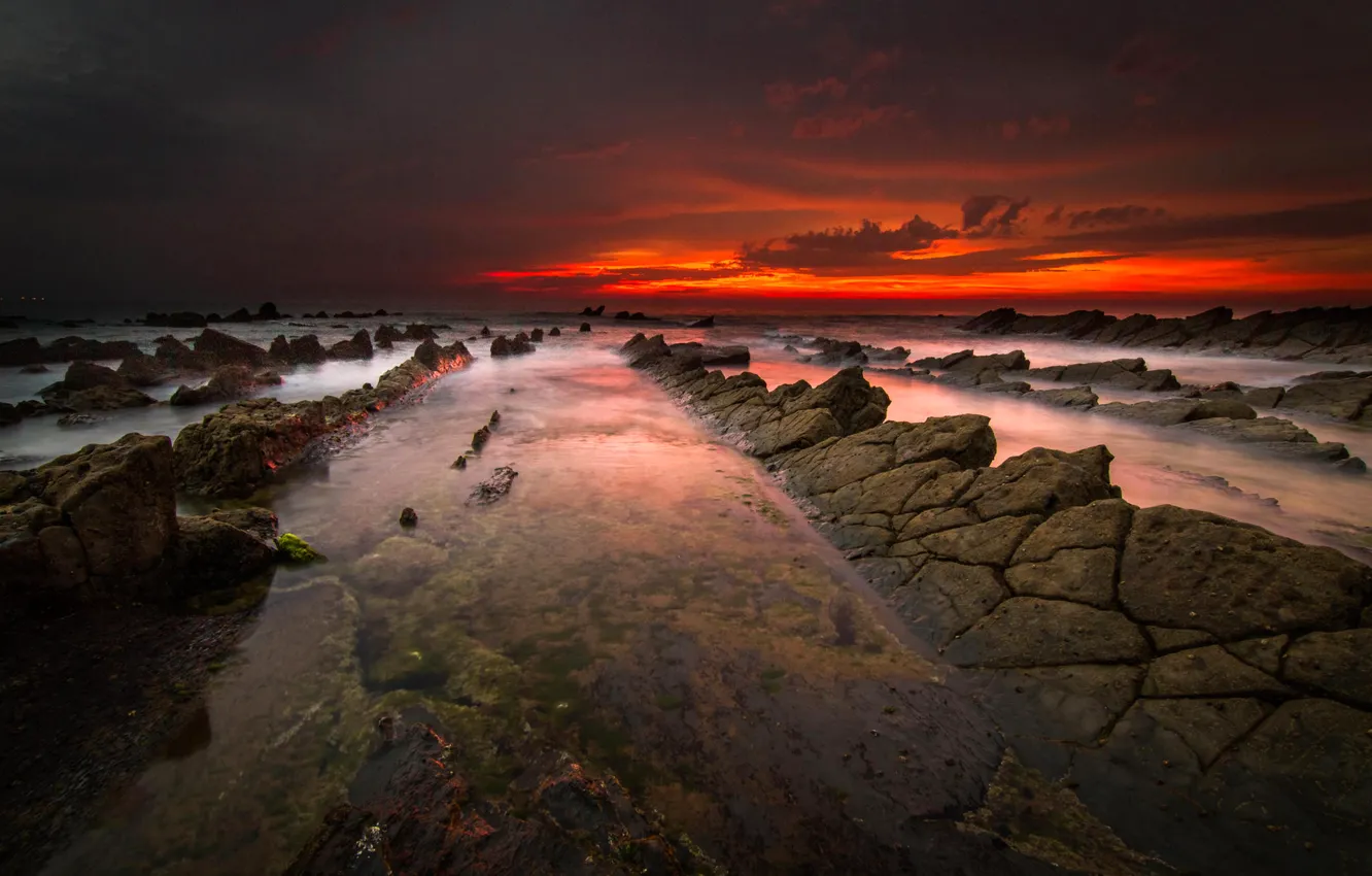 Photo wallpaper sea, the sky, sunset, clouds, rocks, glow