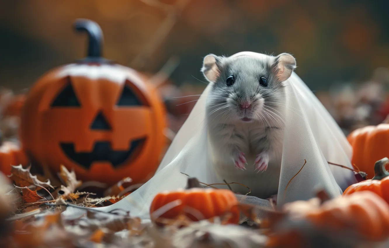 Photo wallpaper autumn, look, pose, holiday, hamster, mouse, pumpkin, Halloween