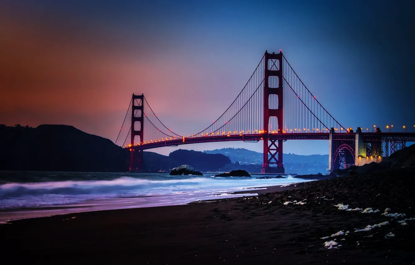 Photo wallpaper City, Nature, Sky, Bridge, Water, Sunset, San Francisco, Golden