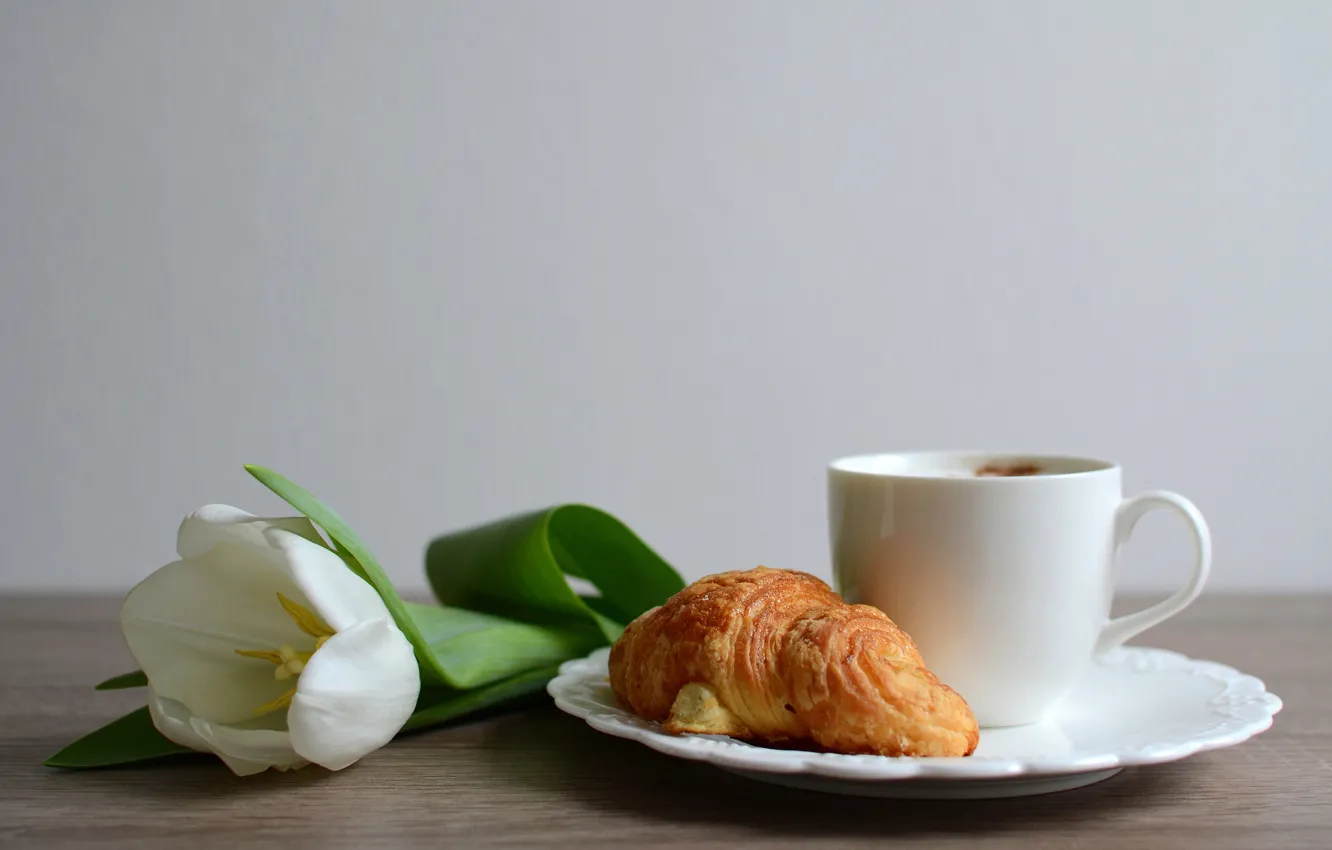 Photo wallpaper white, flower, table, Tulip, coffee, Breakfast, plate, Cup