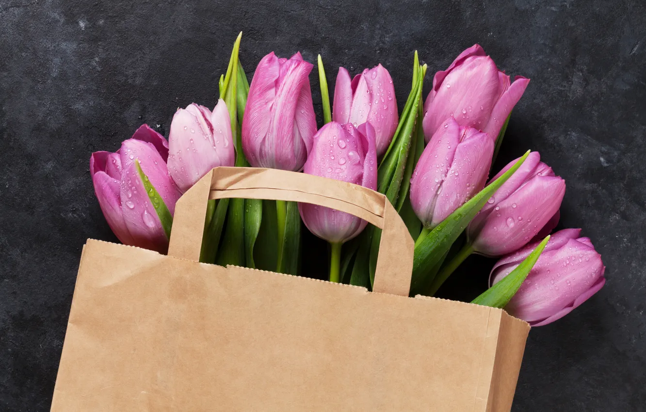 Photo wallpaper flowers, bouquet, tulips, pink, flowers, tulips, spring, bag